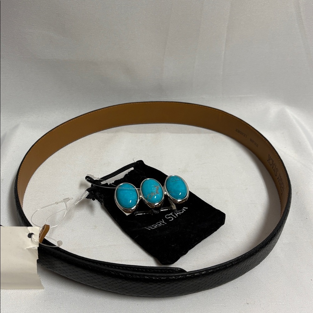 Terry Stack Snakeskin Leather Belt w/ Turquoise & Silver Buckle Black Small NWT
